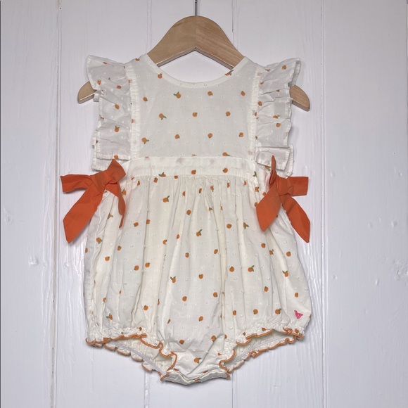 PINK CHICKEN EUC Orange Citrus Swiss Dot Side Bow Ruffle Bubble